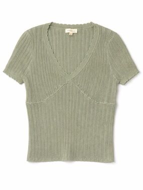 Promesa Sage Green Ribbed Knit Crop Top Boho V-Neck Scallop Trim Size S